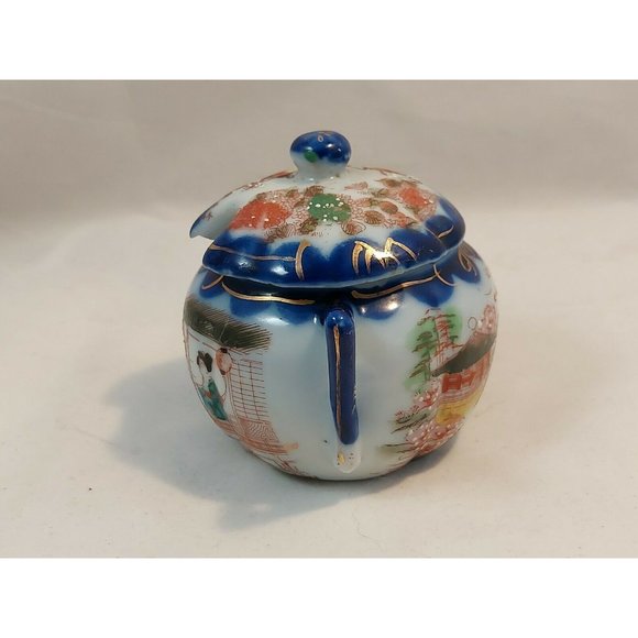Antique Moriage Japan Porcelain Sugar Bowl w/lid Marked 3" tall Geisha scene - Picture 3 of 12